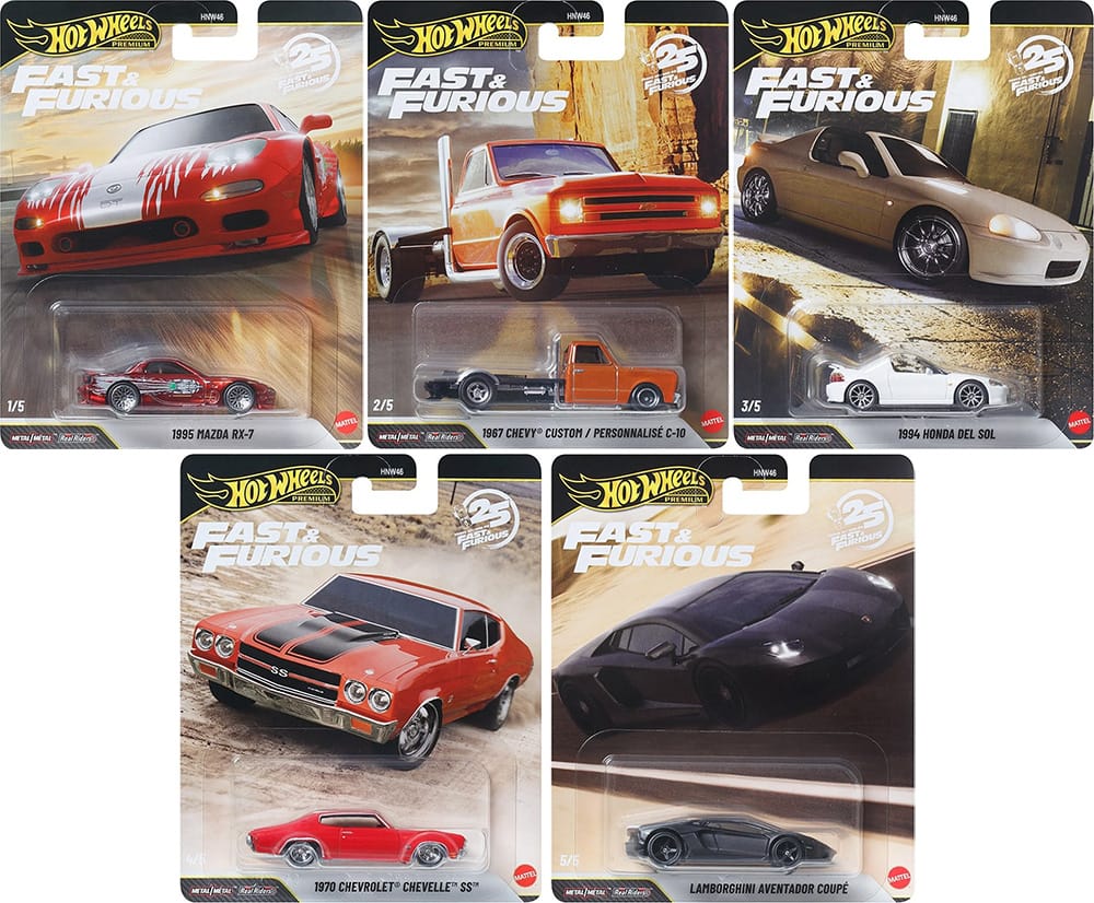 1995 Mazda RX-7 - The Fast and the Furious 1967 Chevy Custom C-10 - Fast & Furious - New Casting 1994 Honda del Sol - The Fast and the Furious - New Casting 1970 Chevrolet Chevelle SS - The Fast and the Furious 2026 Hot Wheels Fast & Furious Premium - Mix 2